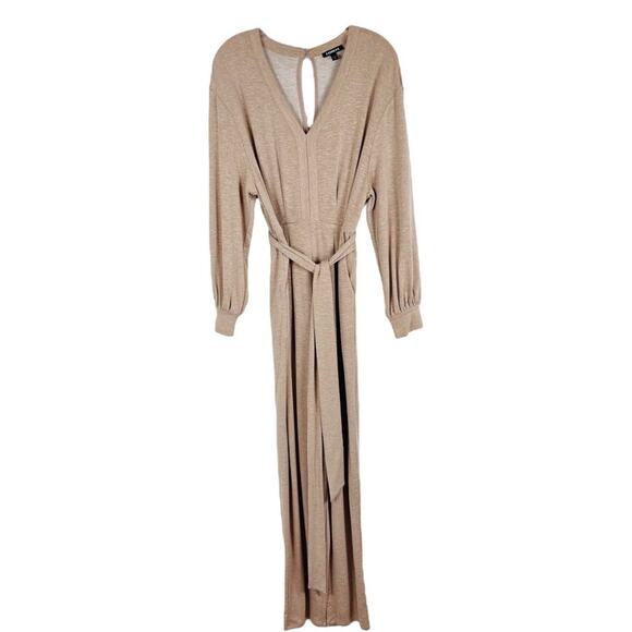 Express tan knit cropped boho tie waist stretch jumpsuit medium - Picture 1 of 9